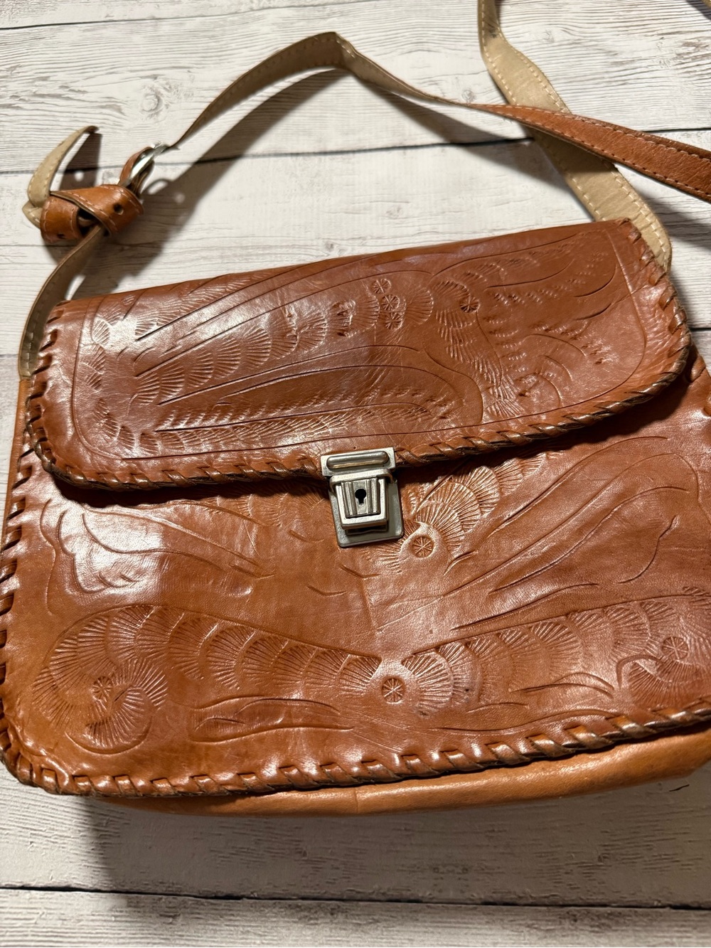 Vintage Hand-Tooled Brown Leather Shoulder Bag Western Boho